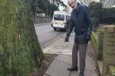 Emin Scotchmer, 77, of Cumberland Tower in Norwich Road points out the raised pavement along Norwich Road in Ipswich Picture: ADAM HOWLETT