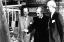 Former Ipswich Town chairman John Cobbold (left) being given a tour of Tolly Cobbold's Cliff Brewery.