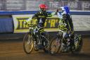 Ipswich Witches duo Jason Doyle and Emil Sayfutdinov celebrate a 5-1 during heat 13