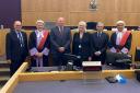 From left to right is Malcolm Hogarth (Suffolk Bench chair), HHJ David Wilson, (the three new magistrates) Darrin Tomkins, Maryanna Stogdon, Paul Madge and HHJ Martyn Levett