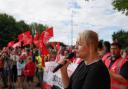 Unite general secretary Sharon Graham speaking at a picket line during the Port of Felixstowe strikes last year