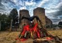 The effigy of Black Shuck, 'burning' on a pyre in front of Bungay Castle. Photo: Black Shuck Festival