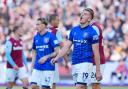 Liam Delap reacts after a header was saved in Ipswich Town's 4-1 defeat at West Ham.