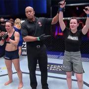 Cory McKenna has her hand raised after beating Vanessa Demopoulos on Dana White's Contender Series in Las Vegas, earning a UFC contract