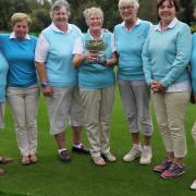 STEARN TROPHY: Fynn Valleys players who won the final against Thorpeness at Haverhill. From left:  Vera Skerry, Sue Sparrow, Jane Pitcher, Sally Crosbie, Chris Lynch-Bates (played in earlier round), Claire Fitzpatrick and Sharon Davey. Photograph: Sharon