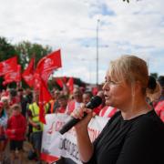 Unite general secretary Sharon Graham speaking at a picket line during the Port of Felixstowe strikes last year