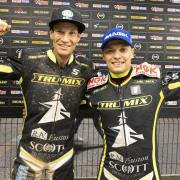 Ipswich Witches stars Jason Doyle, left, and Emil Sayfutdinov celebrate at Belle Vue Picture: TAYLOR LANNING