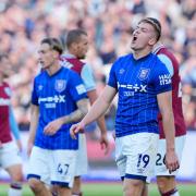 Liam Delap reacts after a header was saved in Ipswich Town's 4-1 defeat at West Ham.