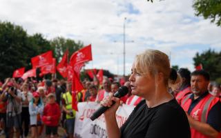 Unite general secretary Sharon Graham speaking at a picket line during the Port of Felixstowe strikes last year