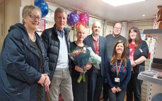 Rita Kerridge celebrating her retirement with Wickham Market Post Office colleagues