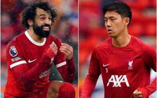 Town face Liverpool at Portman Road in the first game of the season, who may include stars Mo Salah (left) and Wataru Endo in their line-up
