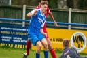 Robert Harvey's attempt on goal is saved by Barwell keeper Max Bramley, but he did end up scoring the equaliser in a 1-1 draw. Picture: HANNAH PARNELL