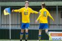 AFC Sudbury's Freddie King ,left, who fired home a late equaliser in Saturday's 3-3 draw against Aveley. Picture: THOMAS BRADFORD