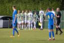 Framlingham celebrate their only goal in the 6-1 home defeat to March Town. Picture: HANNAH PARNELL