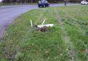 A damaged signpost and tyre tracks across the Jaydene roundabout at Kessingland. Picture: DENISE BRADLEY