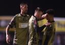 Freddie Sears of Colchester United celebrates with Luke Chambers and Sylvester Jasper