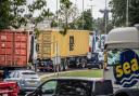 Gridlocked traffic in Felixstowe after an oil spill on the westbound A14