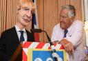 John Webb, elder and lay preacher, meets Boris Johnson at the Stowmarket United Reform Church's Scarecrow Harvest Festival to thank key workers. Picture: DENISE BRADLEY