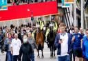 Mounted police patrol outside of Wembley Stadium as fans arrive ahead of the UEFA Euro 2020 Group D match between England and Scotland. Picture date: Friday June 18, 2021.