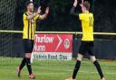 Stowmarket Town goalscorer Jack Ainsley, left, celebrates his goal with team-mate Josh Mayhew during an FA Vase victory over Eynesbury Rovers last month