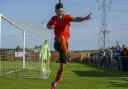 Bury Town striker Cemal Ramadan celebrates scoring the winning goal, during the first game of the season in the FA Cup at Cogenhoe United. But will Bury get a chance to resume their season?