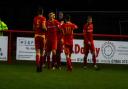 Needham Market celebrate going 1-0 up against Leiston in the FA Trophy at Bloomfields. Picture: HANNAH PARNELL