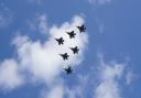 F-35B Lightning II jets during a rehearsal for the official coronation flypast