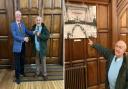 Doug Cracknell points to a picture of the College dining room in which he worked aged 14 – in 1940.