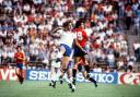 Terry Butcher (left) in action for England at the 1982 World Cup Finals. He is one of 12 Town players to have represented England