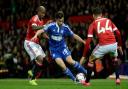 Tommy Oar battles for the ball against Ashley Young and Andreas Pereira at Old Trafford in 2015.