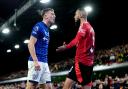 Liam Delap squares up to Noussair Mazraoui during Ipswich Town's 1-1 home draw with Manchester United.