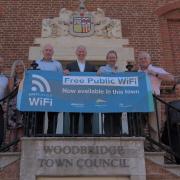 Launch of the public Wi-Fi in Woodbridge. From the left: Brendan Gannon, of Elephant Wifi; Paul Wood, ESC Head of Economic Development and Regeneration; Mags Lambert, ESC Project Manager; Cllr Geoff Holdcroft, Woodbridge Town Council; Cllr Craig Rivett,