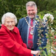 Tree planting ceremony by Pauline Harris aged 99 with Deputy Mayor John Cook at St Marys Church Ipswich in honour of the Queens Jubilee