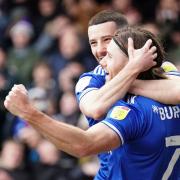 Get in there: Wes Burns celebrates his goal with teammate Conor Chaplin.