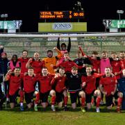 Needham Market celebrate their historic FA Trophy win at Yeovil Town