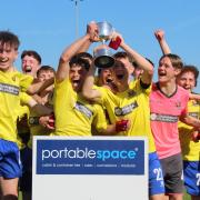 AFC Sudbury EJA Yellow celebrate after winning the Portable Space Suffolk U16 Cup Final.