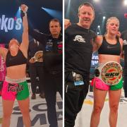 Hannah Turner has her hand raised, left, after winning the WKU world title in Germany. Right, with her coaches Rich Gent and Lyndon Knowles