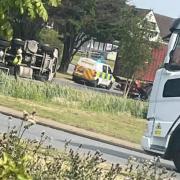 A lorry has overturned near the Port of Felixstowe