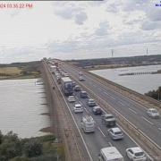 There are heavy delays on the A14 at Orwell Bridge following a crash