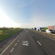 There are long delays on the A14 near Haughley