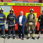 Firefighters George Trott, left, Grant Whitehead, Councillor Steve Wiles, Crew Manager Paul Shattock, and Firefighter Ashley Buxton ahead of their marathon on Sunday