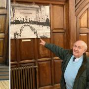 Doug Cracknell points to a picture of the College dining room in which he worked aged 14 – in 1940.