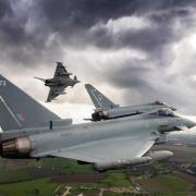 Eurofighter Typhoons flying over RAF Coningsby (stock image)