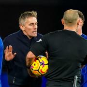 Ipswich Town manager Kieran McKenna remonstrates with referee Tim Robinson after the final whistle on Saturday