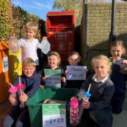 Some Team Green members from Birchwood Primary School with its Sistema® Food Storage Container and Reusable Bottle Free Recycling Programme collection box.