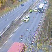 One lane on the A14 is closed after a car crashed into the central reservation