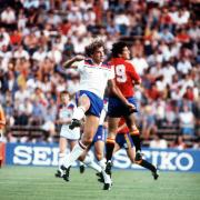 Terry Butcher (left) in action for England at the 1982 World Cup Finals. He is one of 12 Town players to have represented England