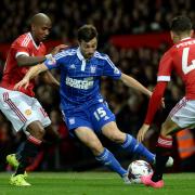 Tommy Oar battles for the ball against Ashley Young and Andreas Pereira at Old Trafford in 2015.