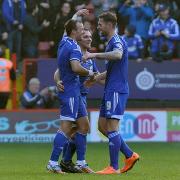 Noel Hunt celebrates his late winner with Daryl Murphy and Jay Tabb.