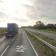 Part of the A14 is blocked after a vehicle crashed into the central reservation